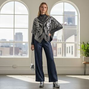 Vintage Black Silk Butterfly Top Hand Embellished with Silver Sequins and Black